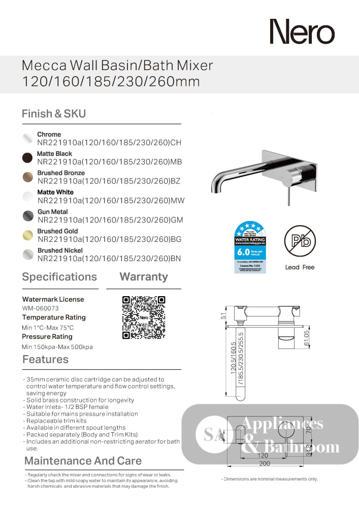 Nero Mecca Wall Basin/Bath Mixer 260mm Chrome NR221910A260CH - Wall Mixers & Spouts