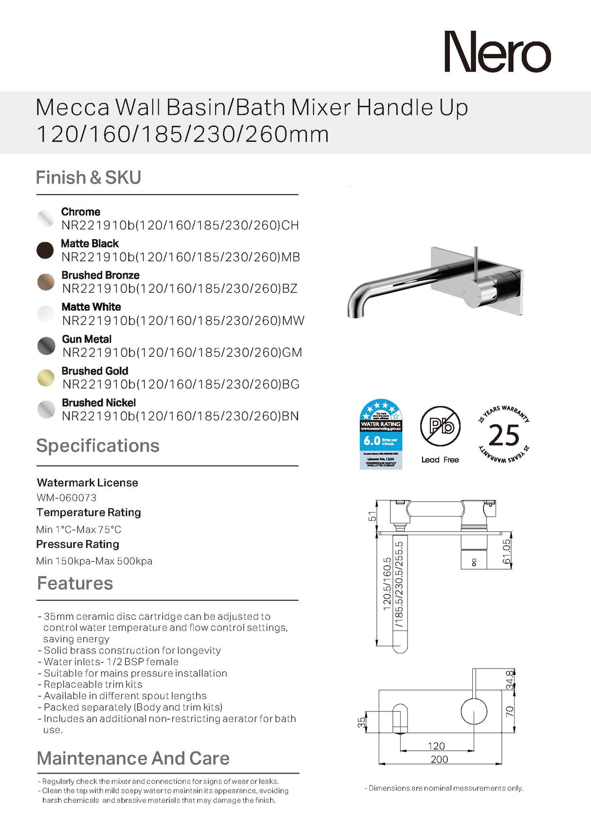 Nero Mecca Wall Basin/Bath Mixer Handle Up 160mm Chrome NR221910B160CH