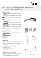Nero Mecca Wall Basin/Bath Mixer Handle Up 160mm Chrome NR221910B160CH