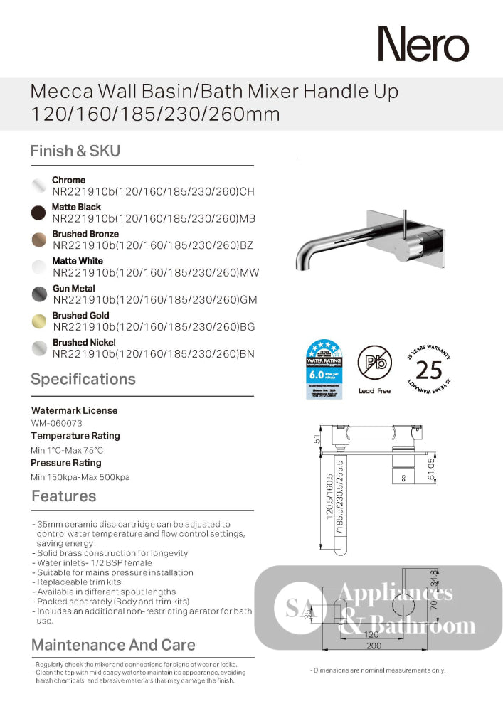 Nero Mecca Wall Basin/Bath Mixer Handle Up 185mm Chrome NR221910B185CH - Wall Mixers & Spouts