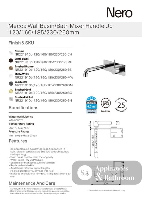 Nero Mecca Wall Basin/Bath Mixer Handle Up 185mm Chrome NR221910B185CH - Wall Mixers & Spouts
