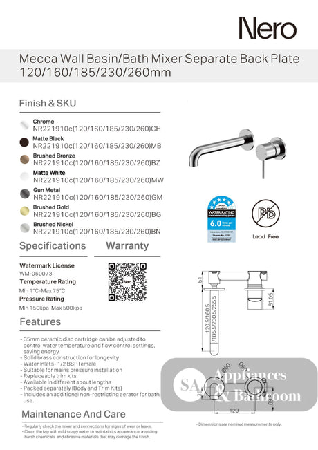 Nero Mecca Wall Basin/Bath Mixer Separate Back Plate 160mm Brushed Gold NR221910C160BG - Wall Mixers & Spouts
