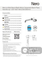 Nero Mecca Wall Basin/Bath Mixer Separate Back Plate Handle Up 230mm Chrome NR221910D230CH - Wall Mixers & Spouts