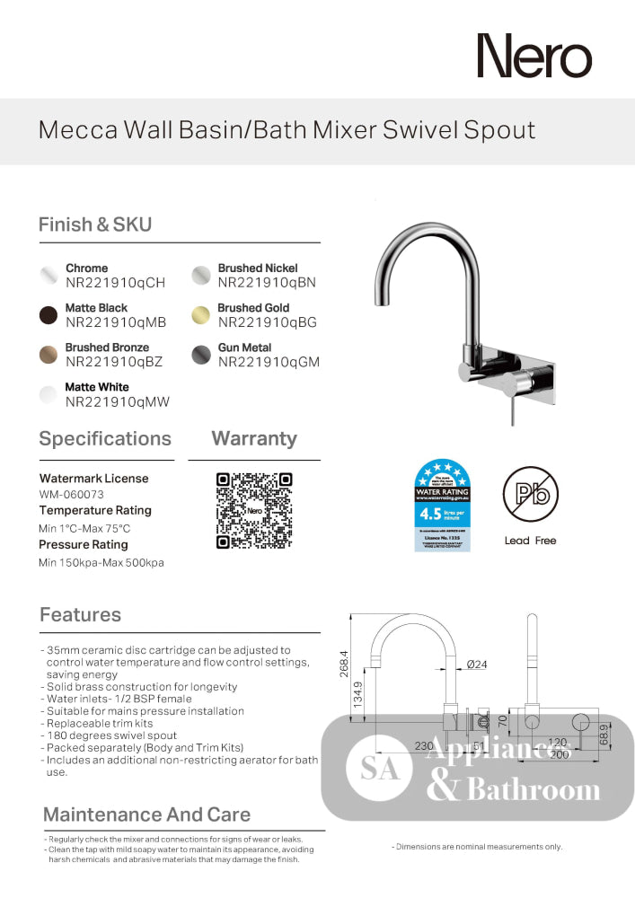 Nero Mecca Wall Basin/Bath Mixer Swivel Spout Brushed Gold NR221910QBG - Wall Mixers & Spouts
