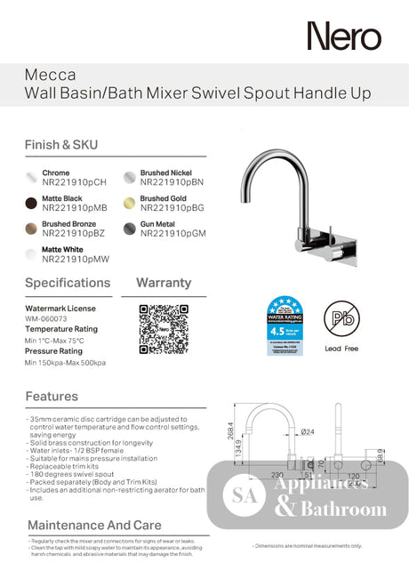 Nero Mecca Wall Basin/Bath Mixer Swivel Spout Handle Up Brushed Bronze NR221910PBZ - Wall Mixers & Spouts