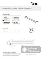 Nero New Mecca Double Towel Rail 600mm Brushed Bronze NR2324DBZ - Towel Rails