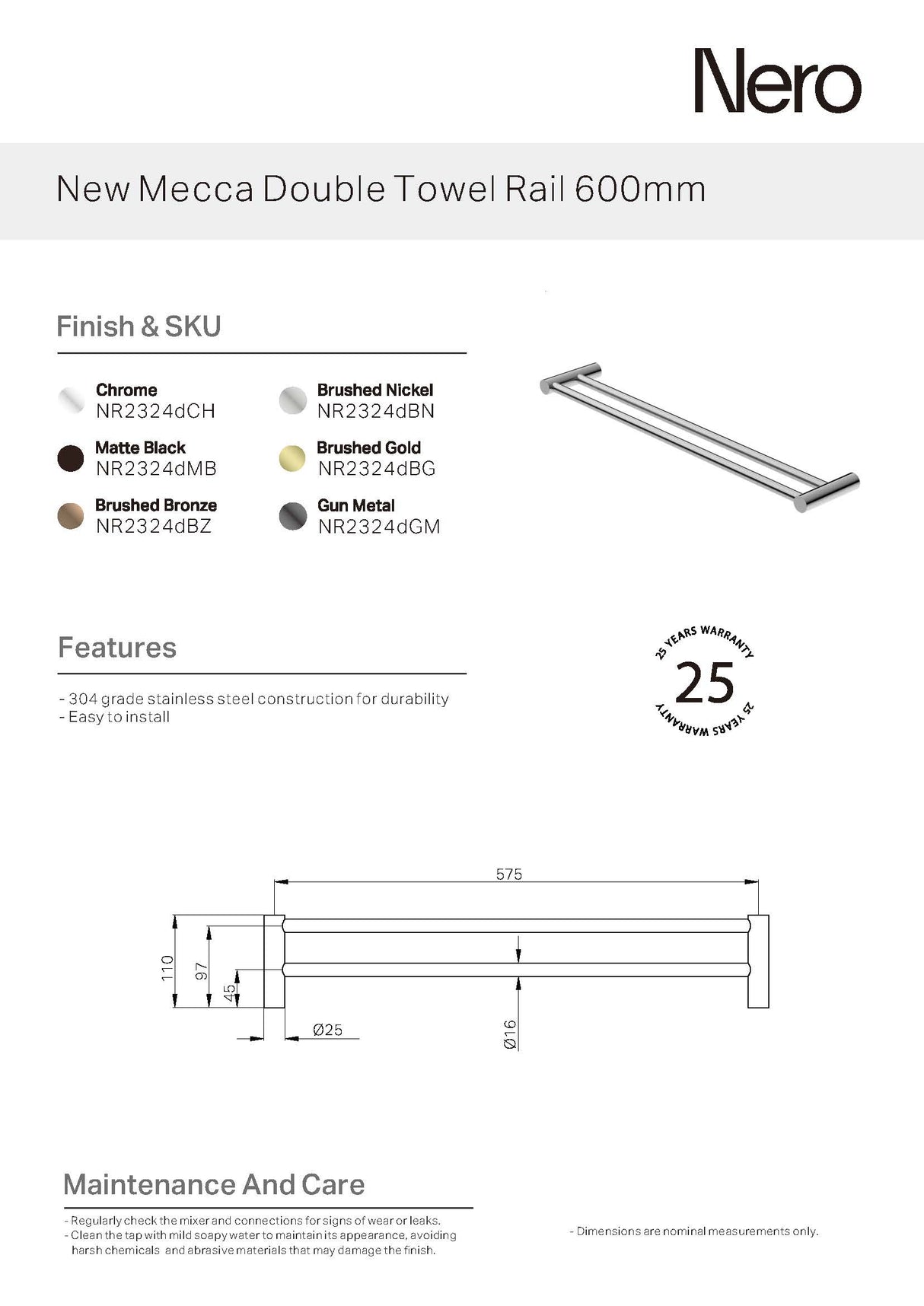 Nero New Mecca Double Towel Rail 600mm Chrome NR2324DCH