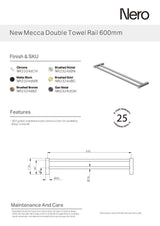 Nero New Mecca Double Towel Rail 600mm Chrome NR2324DCH