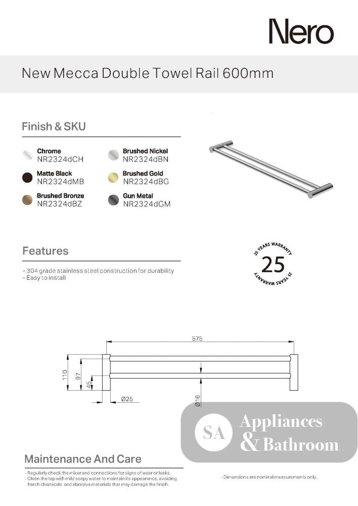 Nero New Mecca Double Towel Rail 800mm Chrome NR2330DCH - Towel Rails