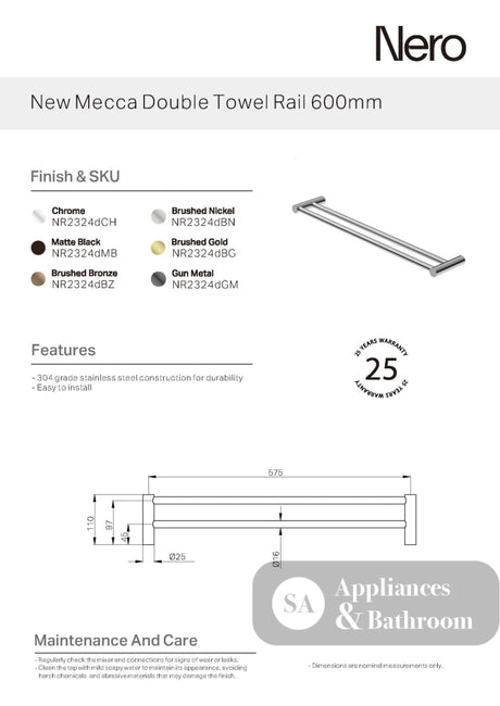 Nero New Mecca Double Towel Rail 800mm Chrome NR2330DCH - Towel Rails