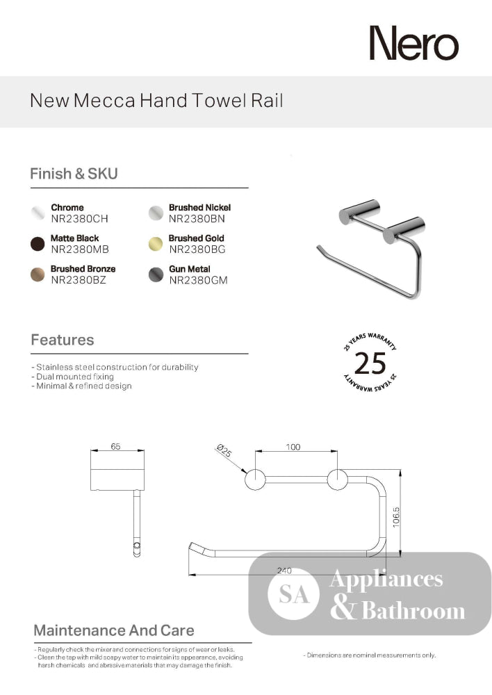 Nero New Mecca Hand Towel Rail Brushed Bronze NR2380BZ - Towel Rails