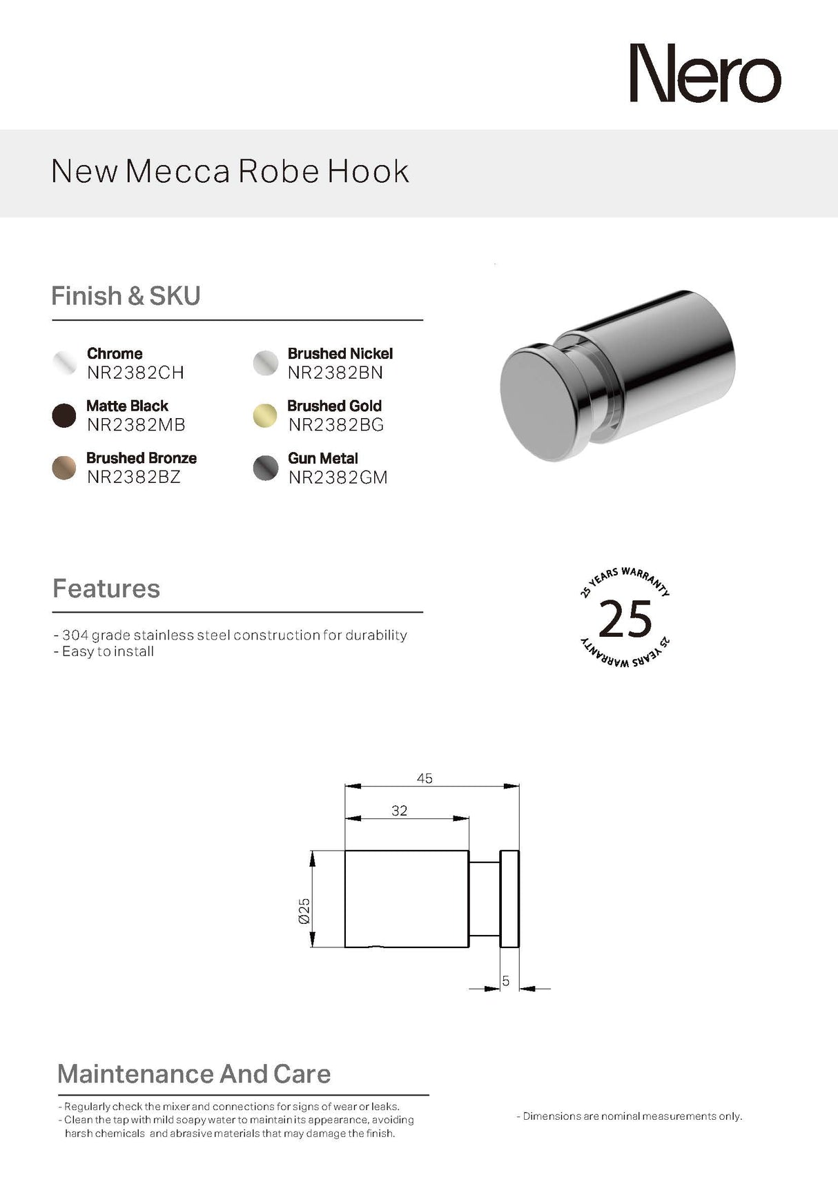 Nero New Mecca Robe Hook Matte Black NR2382MB