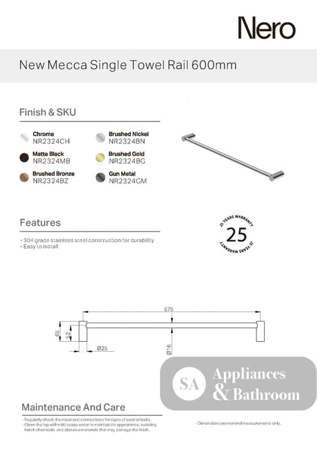 Nero New Mecca Single Towel Rail 600mm Gun Metal NR2324GM - Towel Rails