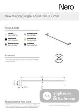 Nero New Mecca Single Towel Rail 800mm Brushed Bronze NR2330BZ - Towel Rails