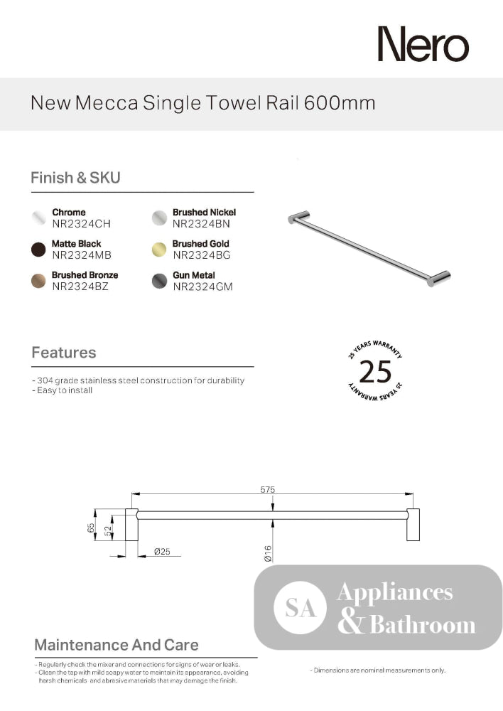 Nero New Mecca Single Towel Rail 800mm Chrome NR2330CH - Towel Rails