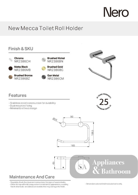 Nero New Mecca Toilet Roll Holder Brushed Bronze NR2386BZ - TOILET ROLL HOLDERS