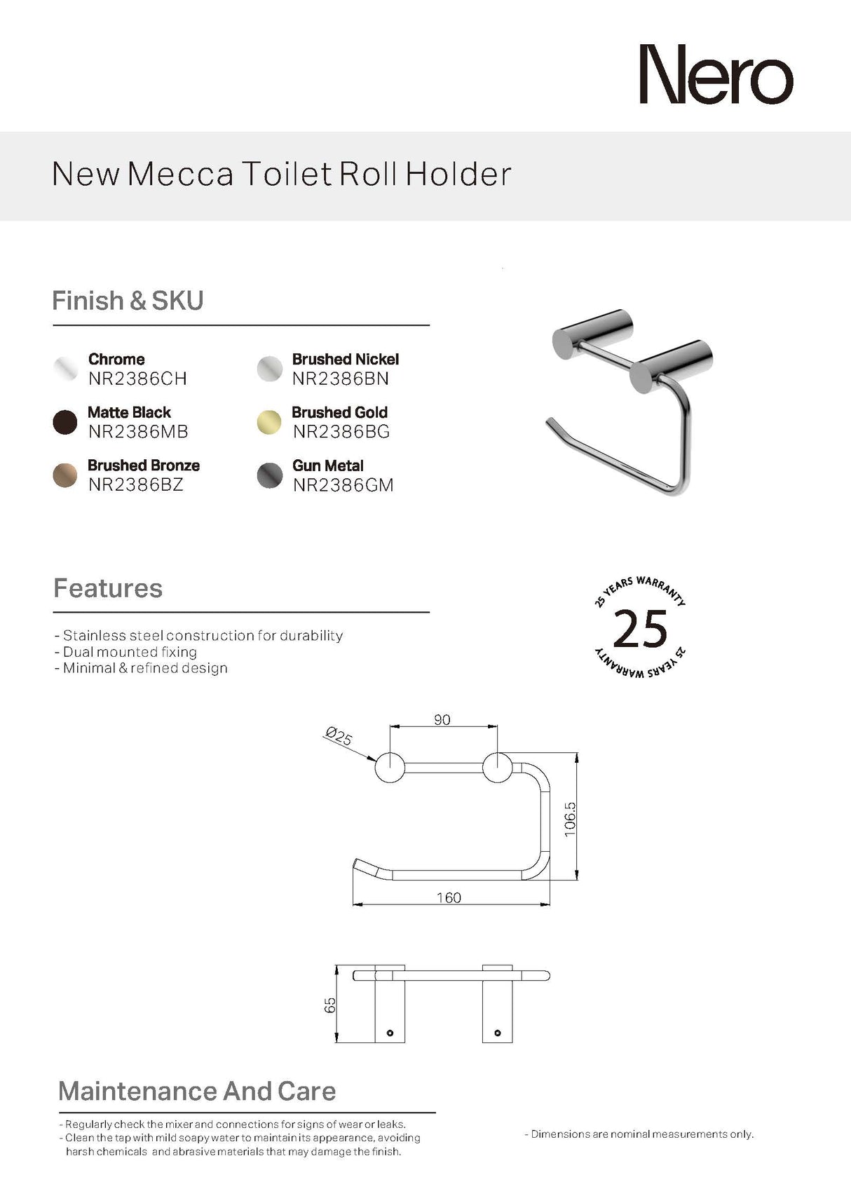 Nero New Mecca Toilet Roll Holder Matte Black NR2386MB