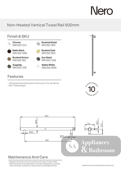 Nero NonHeated Vertical Towel Rail 900mm Matte Black NRV901MB - Towel Ladder