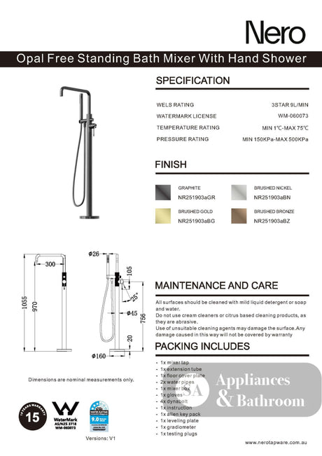 Nero Opal Freestanding Bath Mixer With Hand Shower Graphite NR251903AGR - Bath Fillers