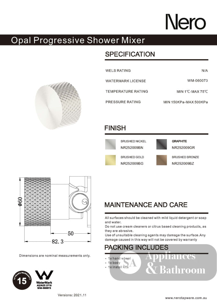 Nero Opal Progressive Shower Mixer Brushed Nickel NR252009BN - Bathroom Wall Mixers