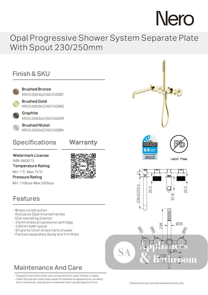 Nero Opal Progressive Shower System (Separate Plates) 250mm Graphite NR252003B250GR - Hand Showers