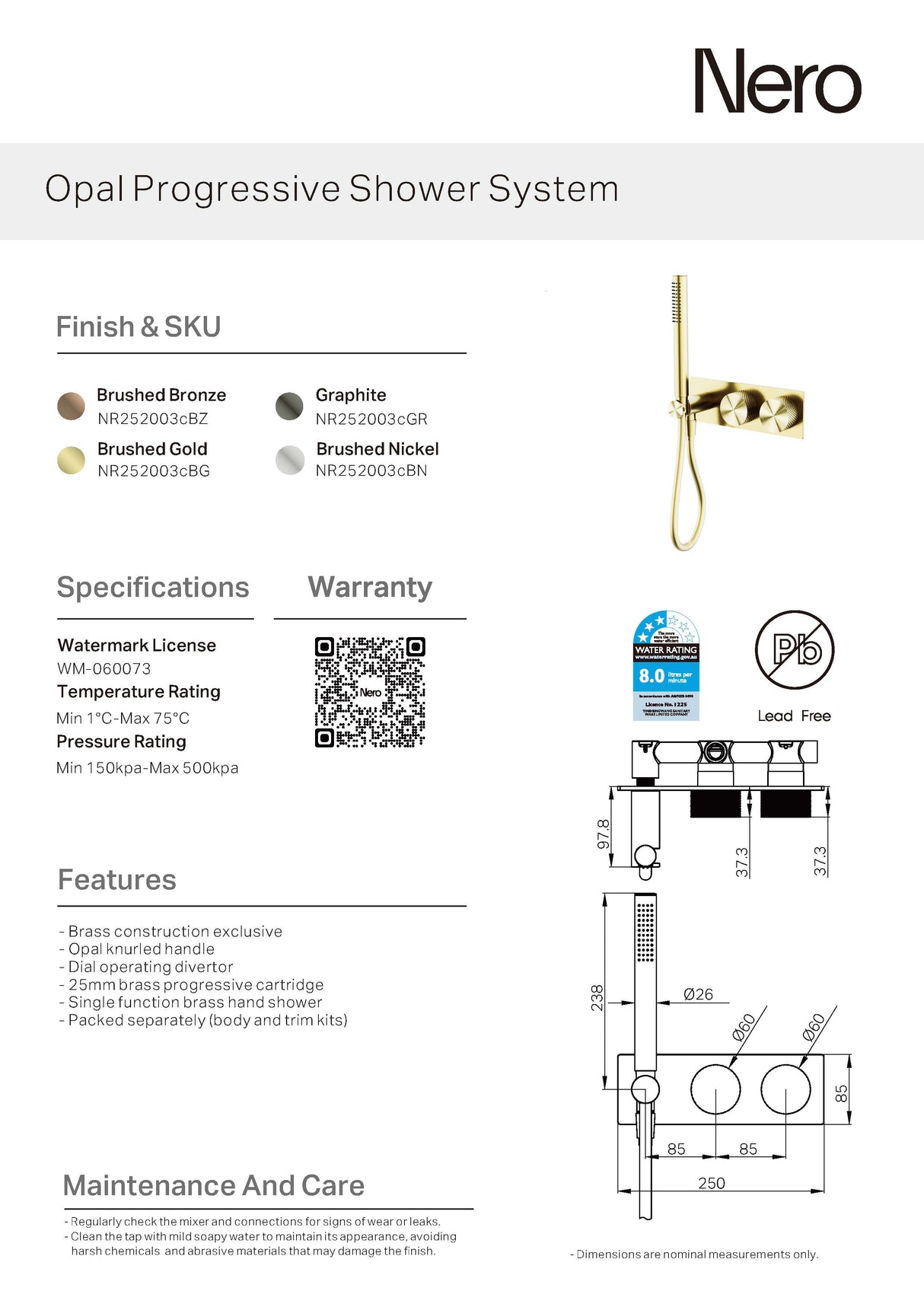 Nero Opal Progressive Shower System Brushed Nickel NR252003CBN