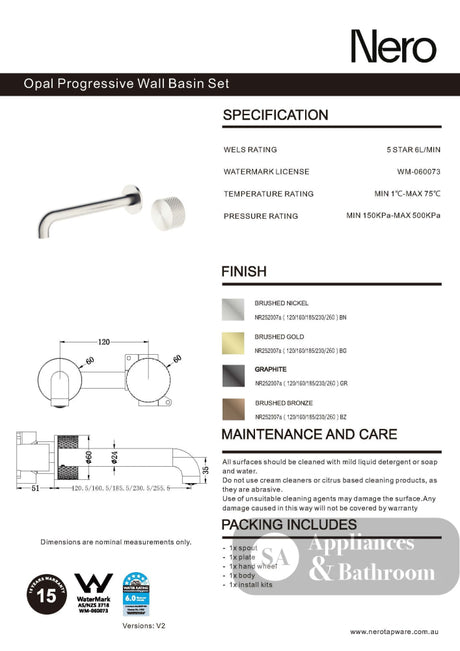 Nero Opal Progressive Wall Basin/Bath Mixer Separate Back Plate 260mm Brushed Bronze NR252007a260BZ - Wall Mixers &