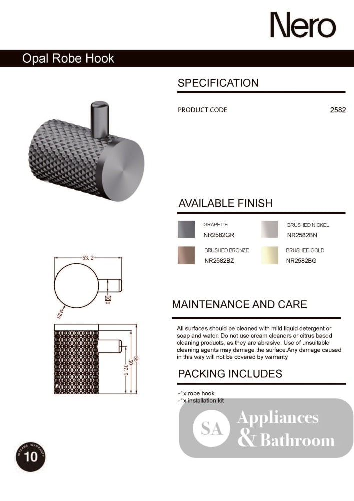 Nero Opal Robe Hook Brushed Nickel NR2582BN - Robe Hooks