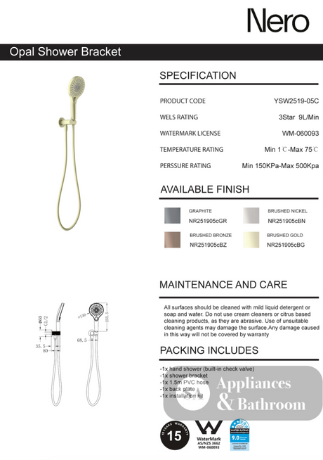 Nero Opal Shower Bracket Graphite NR251905cGR - Hand Showers
