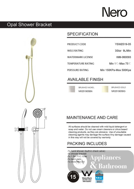Nero Opal Shower Bracket with Air Shower Brushed Gold NR251905BG - Hand Showers