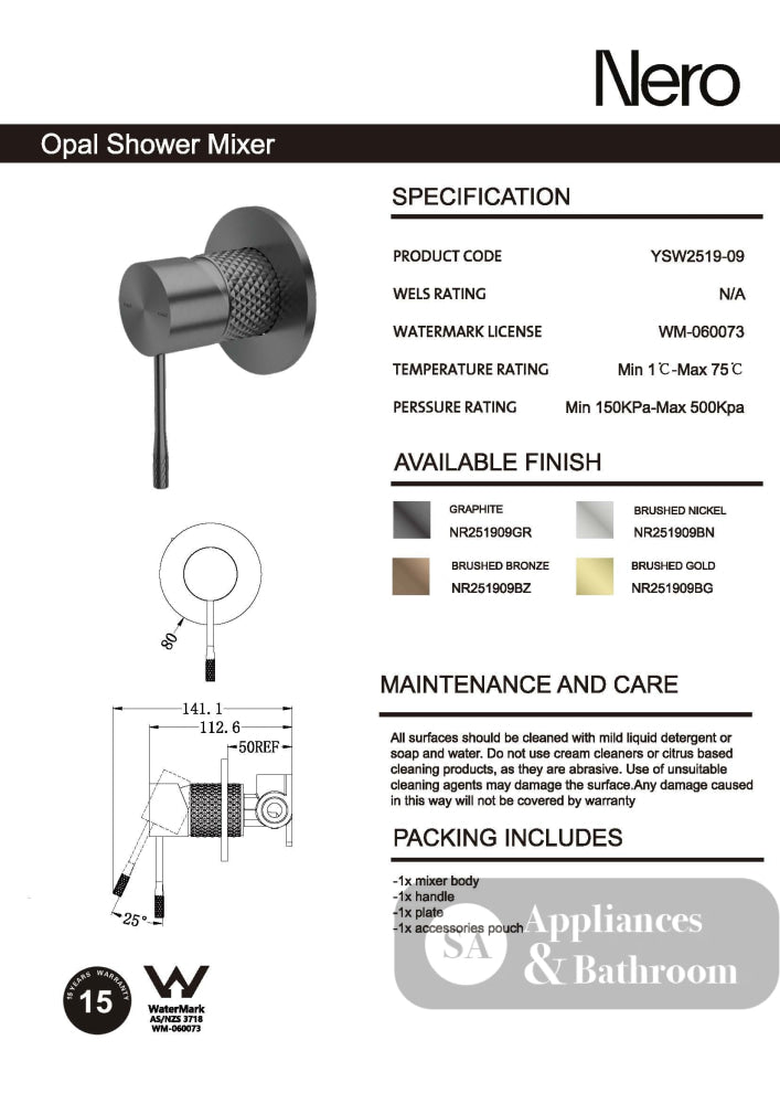 Nero Opal Shower Mixer Graphite NR251909GR - Bathroom Wall Mixers