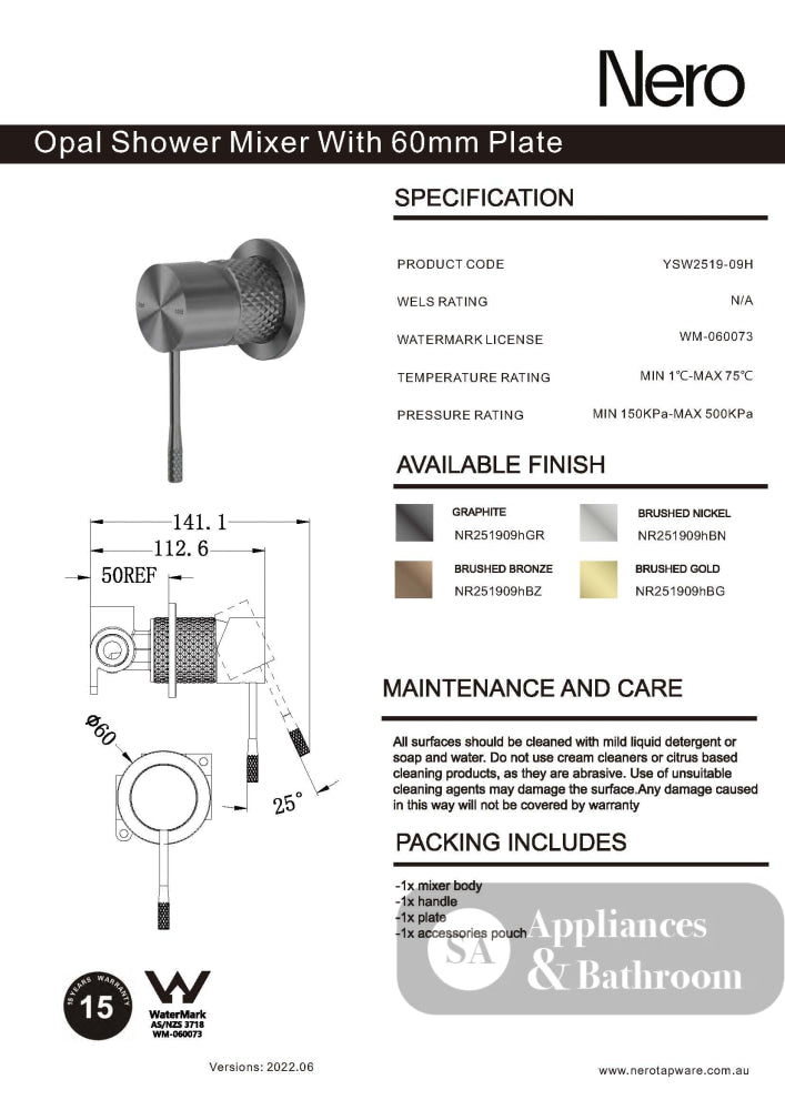 Nero Opal Shower Mixer with 60mm Plate Brushed Nickel NR251909hBN - Bathroom Wall Mixers