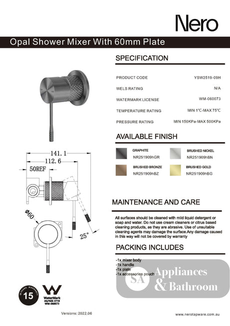 Nero Opal Shower Mixer with 60mm Plate Graphite NR251909hGR - Bathroom Wall Mixers