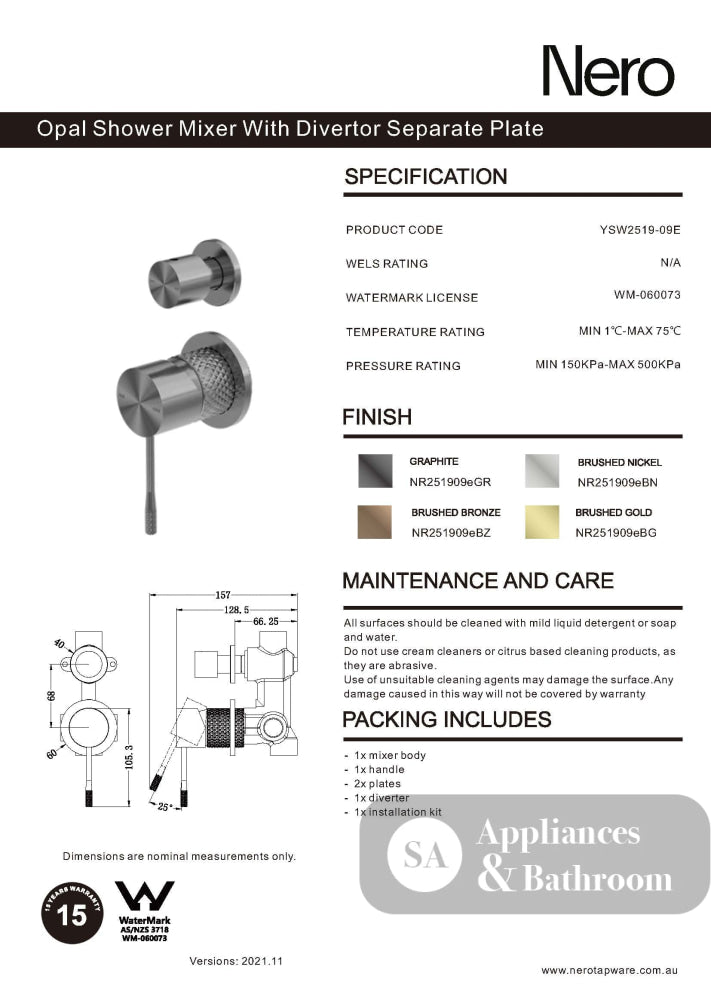 Nero Opal Shower Mixer with Diverter Separate Plate Brushed Nickel NR251909eBN - Wall Mixer Diverter