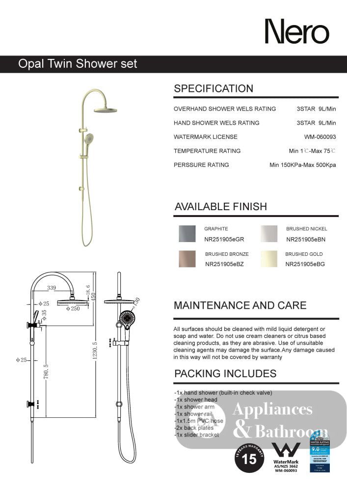 Nero Opal Shower Set Brushed Bronze NR251905eBZ - Twin Showers