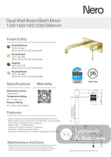 Nero Opal Wall Basin/Bath Mixer 260mm Spout Graphite NR251907A260GR - Wall Mixers & Spouts
