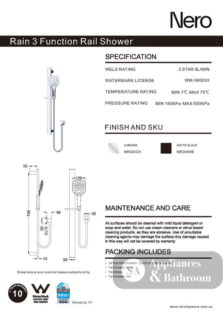 Nero Rain 3 Function Rail Shower Chrome NR304CH - Rail Showers