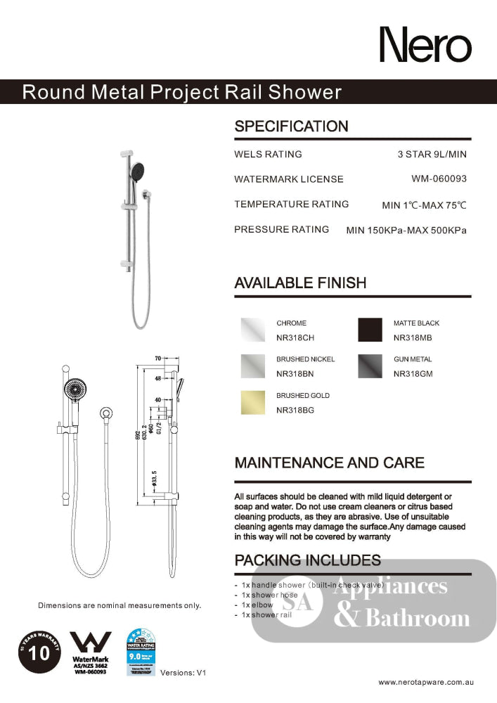 Nero Round Metal Project Rail Shower Brushed Nickel NR318BN - Rail Showers