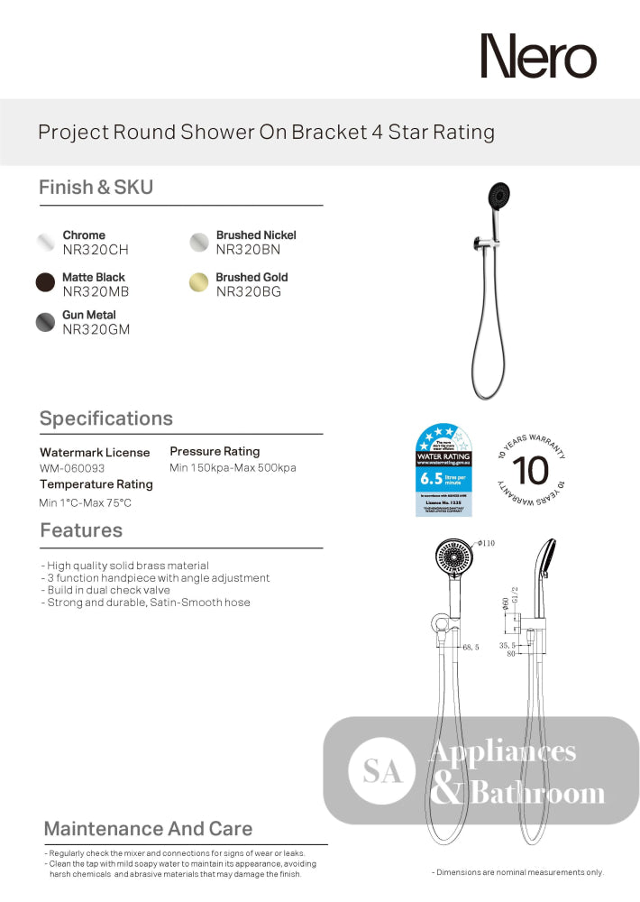 Nero Round Shower On Bracket Chrome NR320CH - Hand Showers