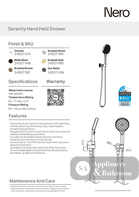 Nero Serenity Hand Held Shower Brushed Nickel 24D071BN - Hand Showers