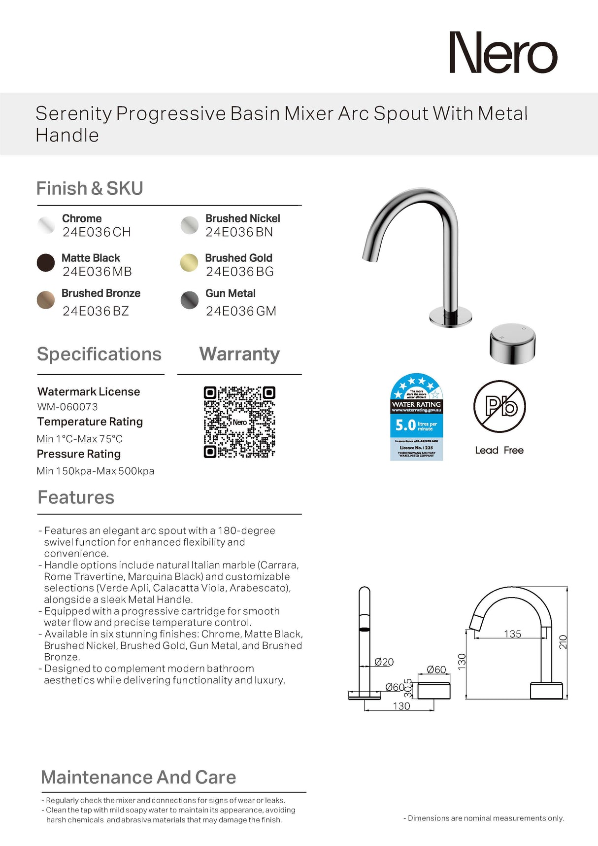 Nero Serenity Progressive Basin Mixer Arc Spout w/ Verde Alpi Handle Gunmetal 24E032GM