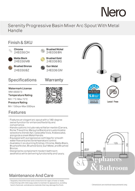 Nero Serenity Progressive Basin Mixer Edge Spout w/ Metal Handle Brushed Bronze 24E048BZ - Basin Mixers