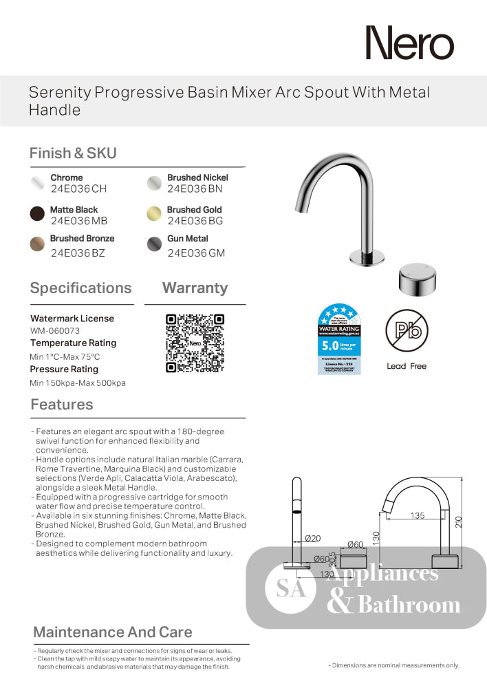 Nero Serenity Progressive Basin Mixer Edge Spout w/ Verde Alpi Handle Brushed Bronze 24E044BZ - Basin Mixers