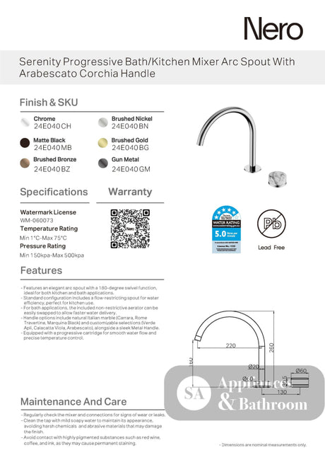 Nero Serenity Progressive Bath/Kitchen Mixer Arc Spout w/ Arabescato Corchia Handle Matte Black 24E040MB - Diverter
