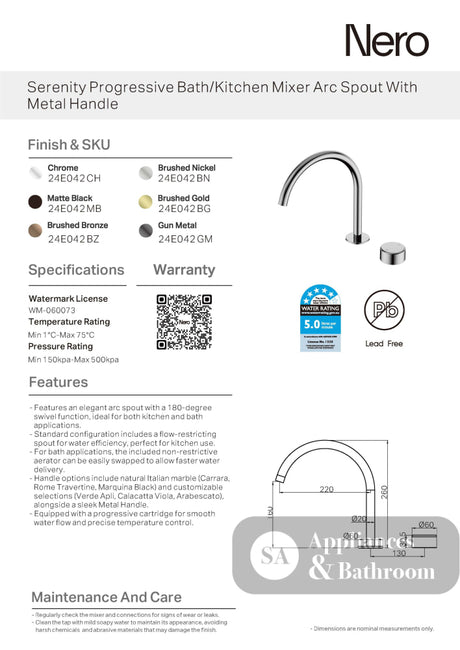 Nero Serenity Progressive Bath/Kitchen Mixer Arc Spout w/ Metal Handle Gunmetal 24E042GM - Basin Mixers