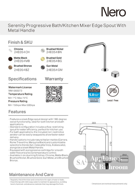 Nero Serenity Progressive Bath/Kitchen Mixer Edge Spout w/ Metal Handle Brushed Bronze 24E054BZ - Basin Mixers