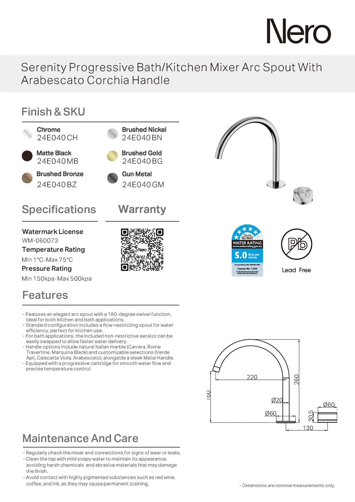 Nero Serenity Progressive Bath/Kitchen Mixer Arc Spout w/ Arabescato Corchia Handle Brushed Gold 24E040BG
