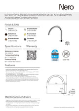 Nero Serenity Progressive Bath/Kitchen Mixer Arc Spout w/ Arabescato Corchia Handle Brushed Gold 24E040BG