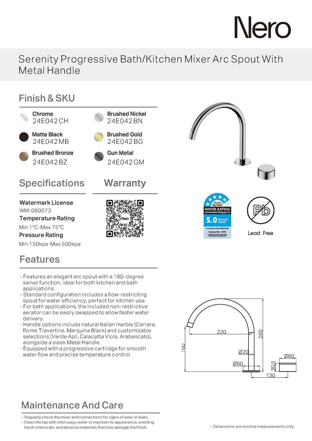 Nero Serenity Progressive Bath/Kitchen Mixer Arc Spout w/ Metal Handle Chrome 24E042CH