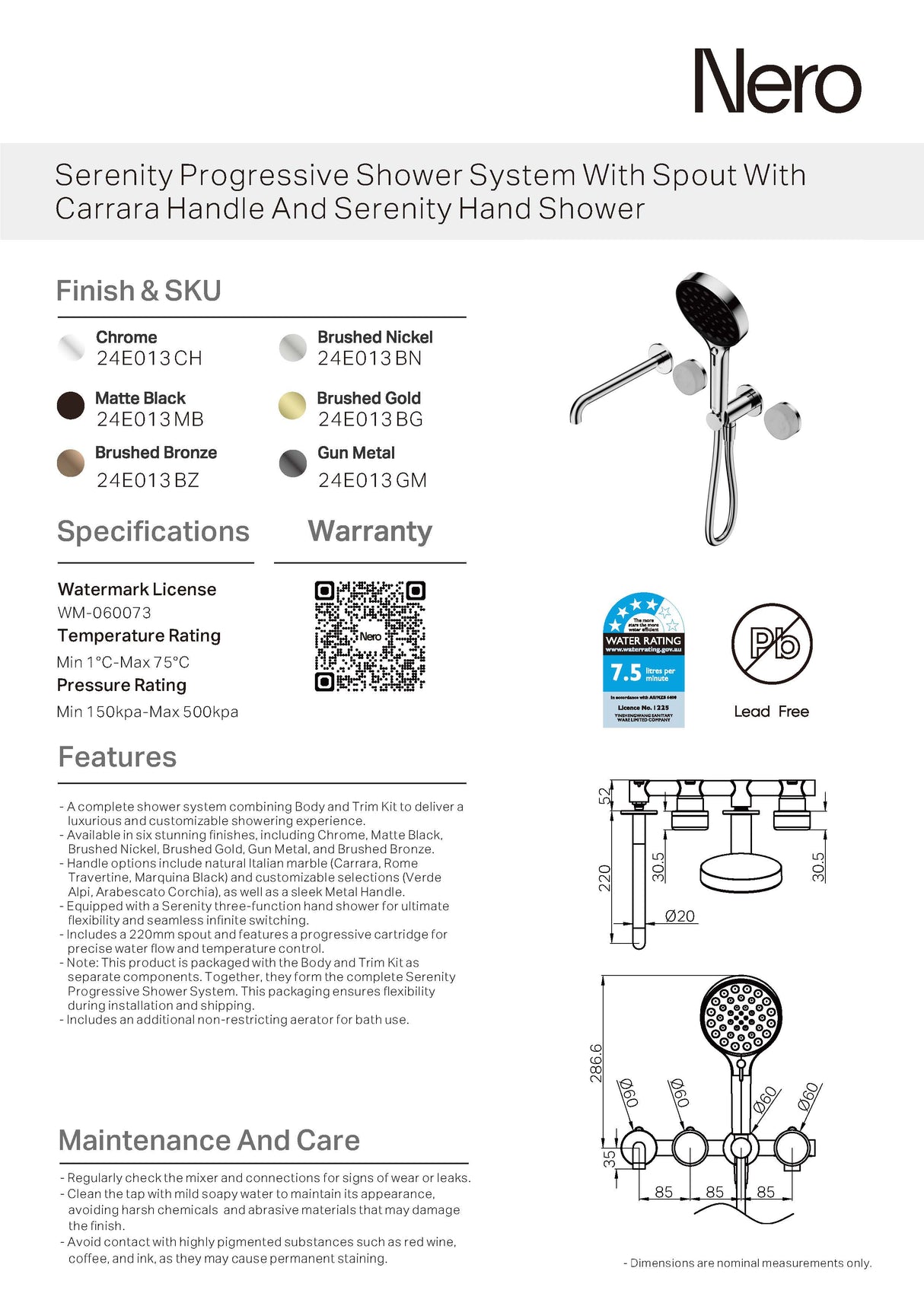 Nero Serenity Progressive Shower System w/ Spout w/ Carrara Handle And Serenity Hand Shower Gunmetal 24E013GM